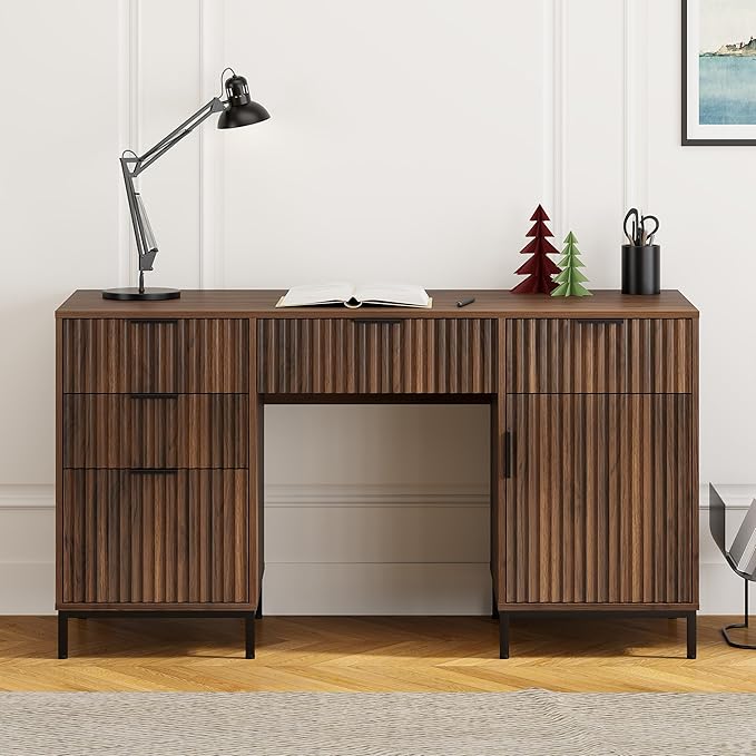 Modern Fluted Executive Desk with File Drawer, 55" Large Computer Desk with Storage and Charging Station, Wooden Home Office Desk for Workspace, Writing, Study, Brown