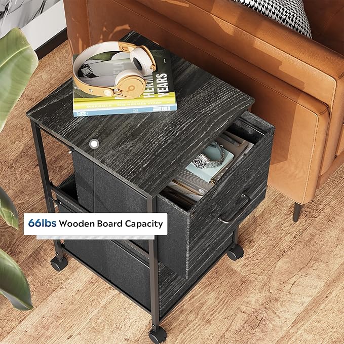 DEVAISE 2 Drawer Mobile File Cabinet, Rolling Printer Stand, Fabric Vertical Filing Cabinet fits A4 or Letter Size for Home Office, Charcoal Black Wood Grain Print