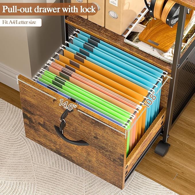 Small Filing Cabinet with Lock, Printer Stand with File Storage, Rolling Locking File Cabinet with Drawer Vertical File Cart with Wheels, Lockable Filing Cabinet for Home Office