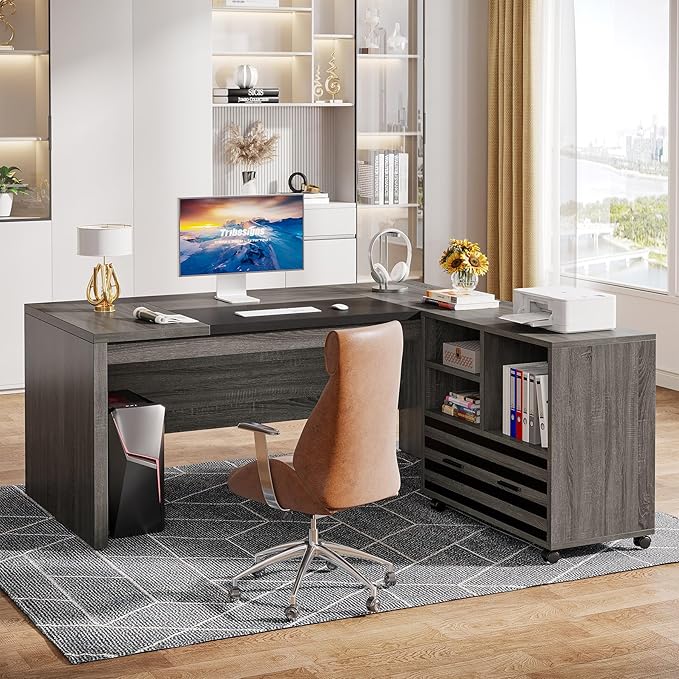 Tribesigns 62.2" Executive Desk with Mobile File Cabinet, L-Shaped Office Desk with Storage Shelves, Large Computer Table Business Workstation Set for Home Office, Grey