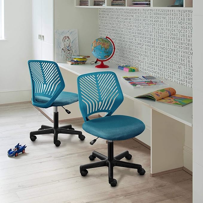 Yaheetech Kids Cute Office Chair Low-Back Armless Study Chair w/Lumbar Support Adjustable Height for Children in Bedroom School, Turquoise