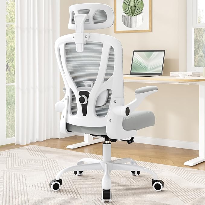 Office Chair Ergonomic Desk Chair - Mesh High Back Office Chair with Headrest Wheels Lumbar Support Home Desk Office Chairs Flip up Armrest Executive Rolling Swivel Task Computer Chair White