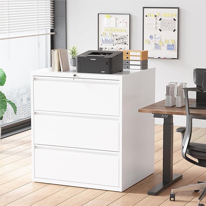Superday Lateral File Cabinet 3 Drawer, White Filing Cabinets with Lock, Locking Metal File Cabinets Three Drawer Filing Cabinet for Home Office/Legal/Letter/A4/F4 Home Office