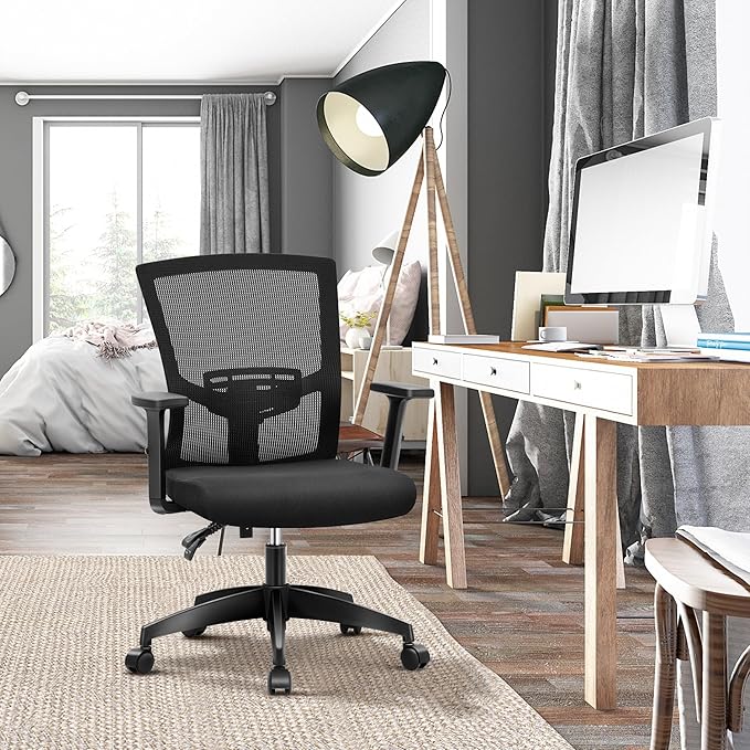 ALPHA HOME Office Chair Ergonomic, Mid Back Mesh Computer Chair with Lumbar Support Executive Stool with Adjustable Armrest & Seat Cushion, BIFMA & SGS Certified