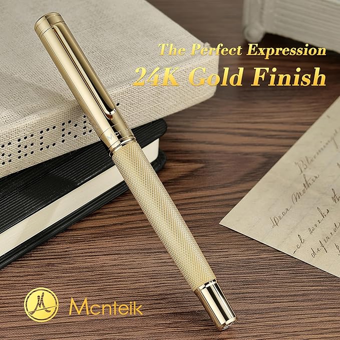 Gold Personalized Rollerball Pen, Stunning Luxury Pen with Mesh Texture Design and 24K Gold Finish, Fancy Gift Set for Men & Women, Business Signature, Executive, Office,Fancy Designer Pens