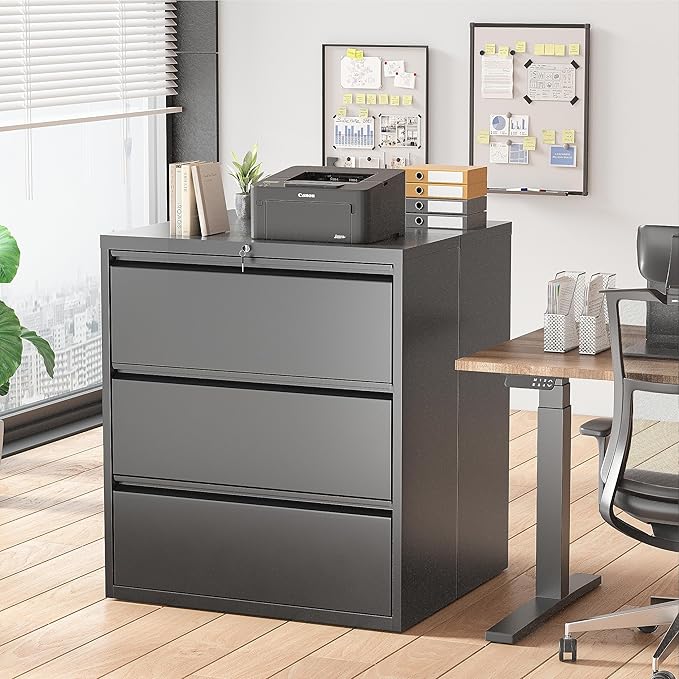 Superday Filing Cabinet Lateral File Cabinet 3 Drawer, Black File Cabinets with Lock, Locking Metal Office Filing Cabinets for Home Office/Legal/Letter/A4/F4