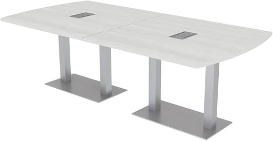 SKUTCHI DESIGNS INC. 8' Arc Rectangle Conference Table with Square Metal Base | 2 Data and Power Modules| Harmony Series | 8' Person Meeting Room Table | White Cypress