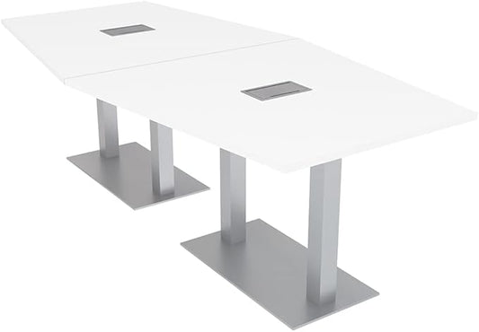 Harmony Series Hexagon Modular Shaped Conference Table with Power and Data | Brushed Silver Square Metal Base | 8 Person Meeting Tables for Offices, Training Rooms, and Homes | White � 8 Ft