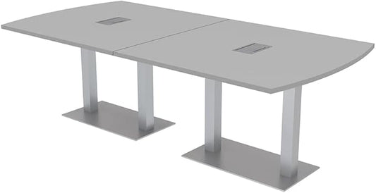 SKUTCHI DESIGNS INC. 8' Arc Rectangle Conference Table with Square Metal Base | 2 Data and Power Modules| Harmony Series | 8' Person Meeting Room Table | Light Gray