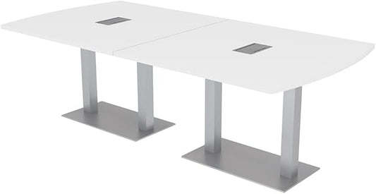 SKUTCHI DESIGNS INC. 8' Arc Rectangle Conference Table with Square Metal Base | 2 Data and Power Modules| Harmony Series | 8' Person Meeting Room Table | White