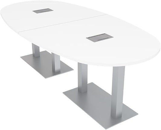 SKUTCHI DESIGNS INC. 8' Boval Conference Table with Square Metal Base | 2 Data and Power Modules| Harmony Series | 8 Person Meeting Room Table | White
