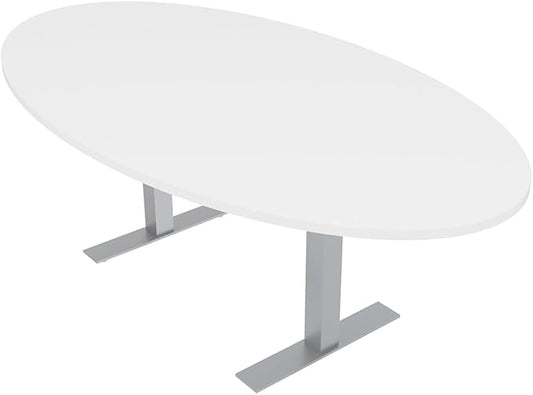 SKUTCHI DESIGNS INC. 6 Person Oval Shaped Conference Table with Sturdy Metal T Bases | Harmony Series Meeting Table for Offices, Training Rooms, and Homes | Scratch-Resistant Laminate | White - 4'X7'