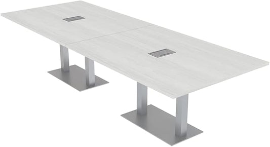 10 Person Rectangle Conference Table with Power And Data | Sturdy Square Metal Base | Harmony Series Modular Meeting Tables for Offices, Conference Rooms, and Homes | White Cypress - 10'