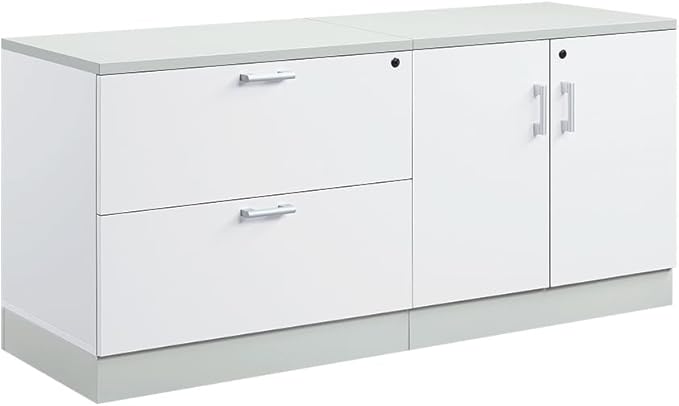 NBF Esquire Office Storage Cabinet and Lateral File - Laminate Storage Cabinet with Two Lockable Door and Adjustable Shelf - Lateral File Cabinet with 3 File Drawers - (63" W x 29.5" H, White)