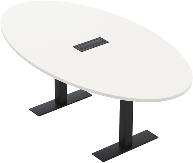 SKUTCHI DESIGNS INC. 6 Person Oval Conference Table with Data and Electric | Harmony Series | 4'X7' Table | White with Matte Black Base