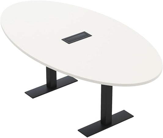 SKUTCHI DESIGNS INC. 6 Person Oval Conference Table with Data and Electric | Harmony Series | 4'X7' Table | White with Matte Black Base