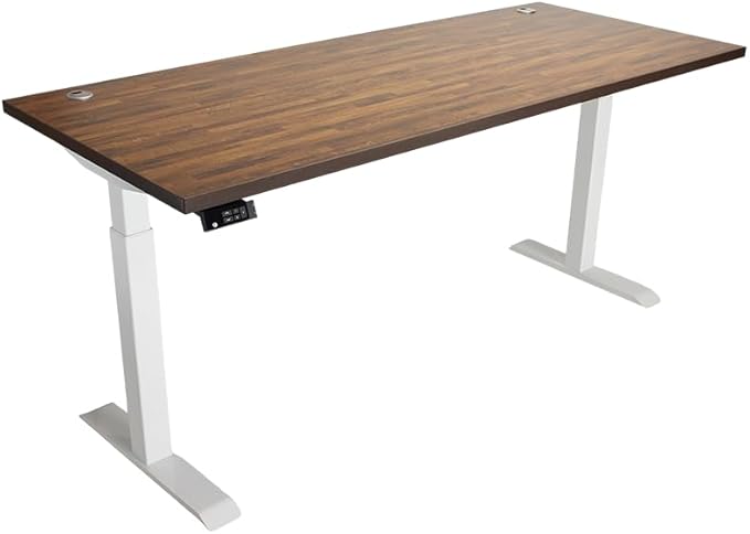 Lift It, 66"x30" Electric Height Adjustable Desk for Office or Home, Dual Motor, 4 Memory/USB Charging LED Control, Walnut Block Top and White Frame