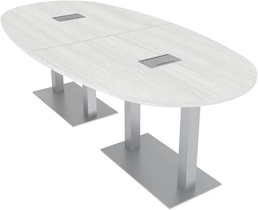 SKUTCHI DESIGNS INC. 8' Boval Conference Table with Square Metal Base | 2 Data and Power Modules| Harmony Series | 8 Person Meeting Room Table | White Cypress