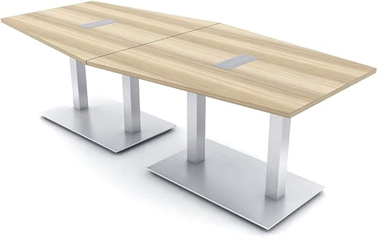 Harmony Series Hexagon Modular Shaped Conference Table with Power & Data | Brushed Silver Square Metal Base | 8 Person Meeting Tables for Offices, Training Rooms, & Homes | Blonde Surfside Ash � 8 Ft