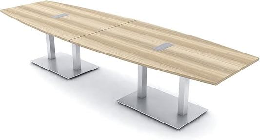 10-Person Boat Shaped Modular Conference Table With Power And Data | Harmony Series | 10' Meeting Room Table | Scratch-Resistant Laminate | Square Metal Bases & Blonde Surfside Ash