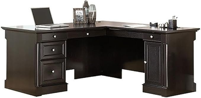 Pemberly Row Contemporary Engineered Wood L-Shaped Computer Desk with 3 Drawers, Flip-Down Panel, Grommet Holes, for Office Space, in Wind Oak Finish