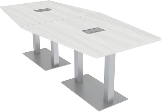 Harmony Series Hexagon Modular Shaped Conference Table with Power and Data | Brushed Silver Square Metal Base | 8 Person Meeting Tables for Offices, Training Rooms, and Homes | White Cypress � 8 Ft