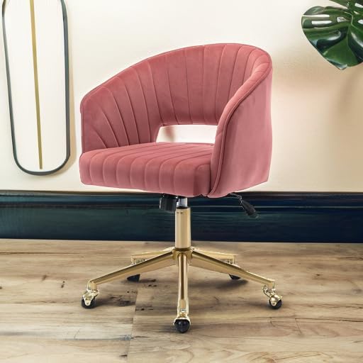 Nrizc Velvet Home Office & Living Room Desk Chairs with Adjustable Swivel Wheels, Ergonomic Upholstered Office Chair for Bedroom, Vanity Study (Rose)
