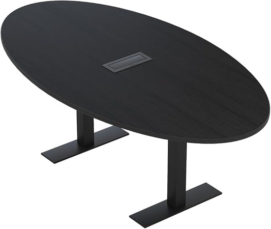 SKUTCHI DESIGNS INC. 6 Person Oval Conference Table with Data and Electric | Harmony Series | 4'X7' Table | Black Cypress with Matte Black Base