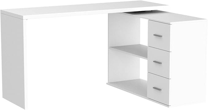 HSH White L Shaped Desk with Drawers Shelves, 360 Rotating L Shape Computer Desk with Storage Cabinet, Corner Home Office Desk Computer Table，55 Inch