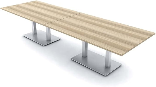 10 Person Rectangle Conference Table with Brushed Silver Square Metal Base | Harmony Series Modular Meeting Tables for Offices, Conference Rooms, and Homes | Blonde Surfside Ash - 10'