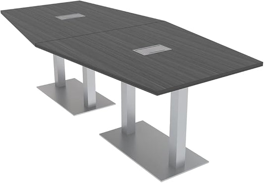 Harmony Series Hexagon Modular Shaped Conference Table with Power and Data | Brushed Silver Square Metal Base | 8 Person Meeting Tables for Offices, Training Rooms, and Homes | Asian Night � 8 Ft