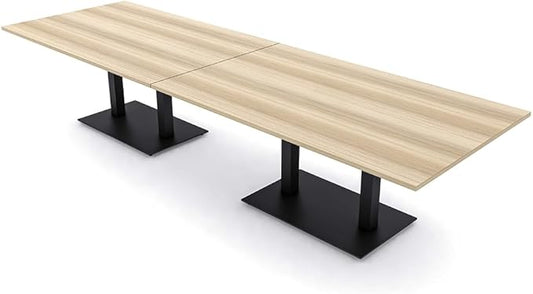 10 Person Rectangle Conference Table with Matte Black Square Metal Base | Harmony Series Modular Meeting Tables for Offices, Conference Rooms, and Homes | Blonde Surfside Ash - 10'