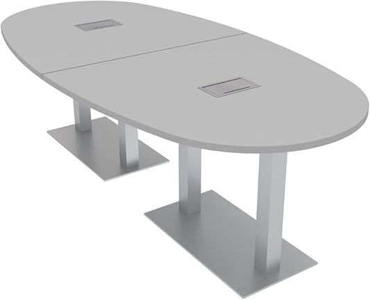 SKUTCHI DESIGNS INC. 8' Boval Conference Table with Square Metal Base | 2 Data and Power Modules| Harmony Series | 8 Person Meeting Room Table | Light Gray