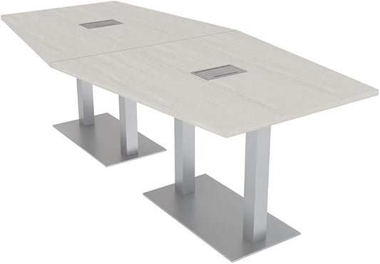 Harmony Series Hexagon Modular Shaped Conference Table with Power & Data | Brushed Silver Square Metal Base | 8 Person Meeting Tables for Offices, Training Rooms, & Homes | Lakeland Salt � 8 Ft
