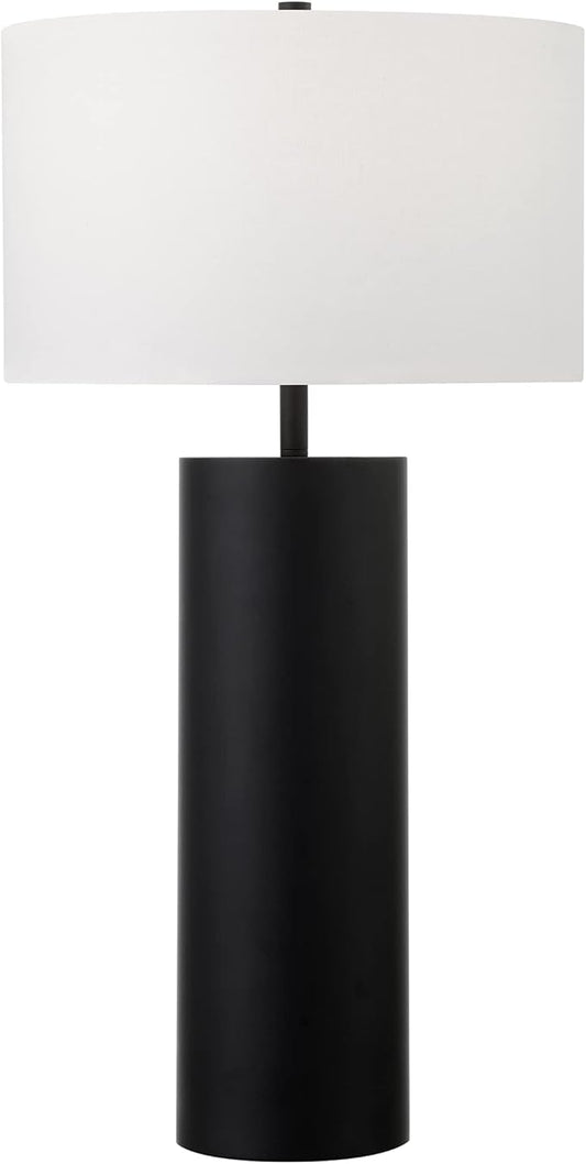Henn&Hart 29.5'' Mid-Century Modern 1-Light Table Lamp with White Fabric Drum Shade for Living Room, Bedroom, or Office, Blackened Bronze