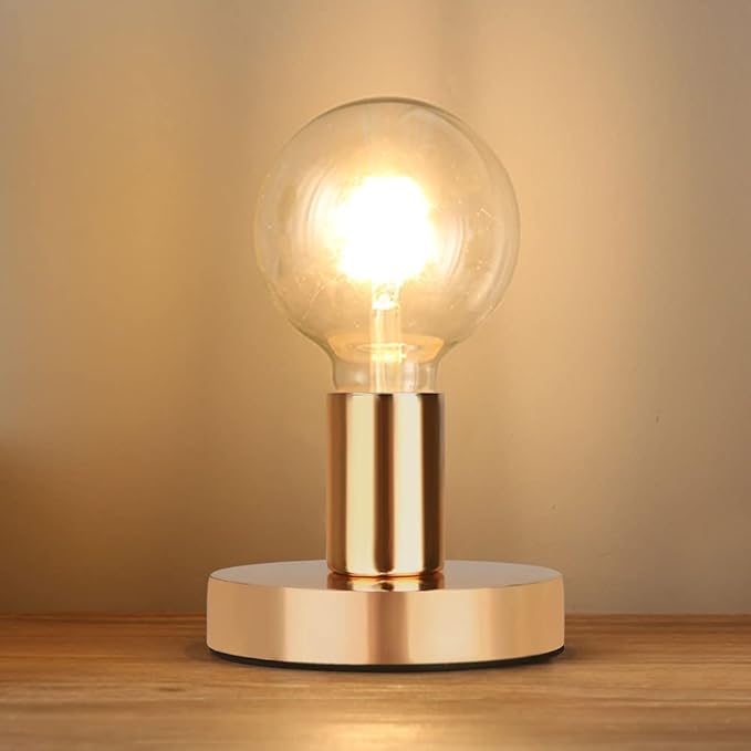 Helunsi Industrial Table Lamp, Gold E26 E27 Base Without Shade, Mini Short Desk Lamp Exposed Bulb, Simple Metal Edison Light Bulb Stand, 5.8ft Cord Switch Plug Holder