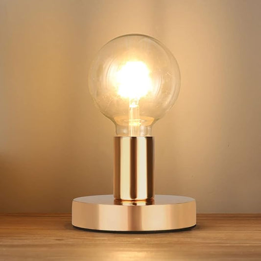 Helunsi Industrial Table Lamp, Gold E26 E27 Base Without Shade, Mini Short Desk Lamp Exposed Bulb, Simple Metal Edison Light Bulb Stand, 5.8ft Cord Switch Plug Holder