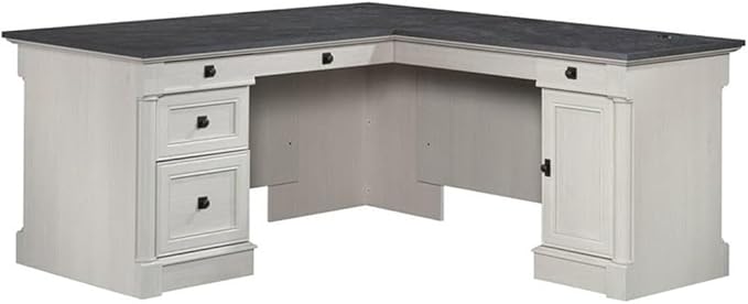 Pemberly Row Engineered Wood L-Shaped Desk in Glacier Oak/Rosso Slate Accents