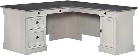 Pemberly Row Engineered Wood L-Shaped Desk in Glacier Oak/Rosso Slate Accents