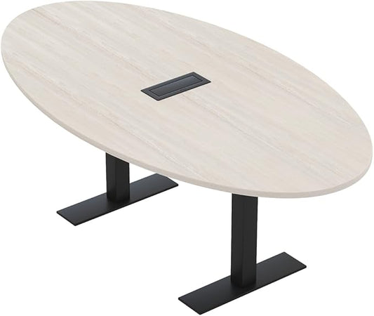 SKUTCHI DESIGNS INC. 6 Person Oval Conference Table with Data and Electric | Harmony Series | 4'X7' Table | Lakeland Salt with Matte Black Base