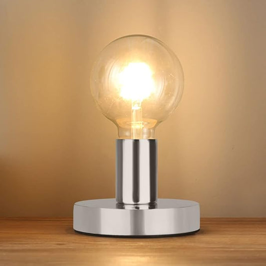 Helunsi Industrial Table Lamp Base, Silver E26 E27 Lamp Base Without Shade, Mini Short Desk Lamp Exposed Bulb Base, Simple Metal Edison Light Bulb Stand, with 5.8ft Cord Switch Plug Bulb Base Holder