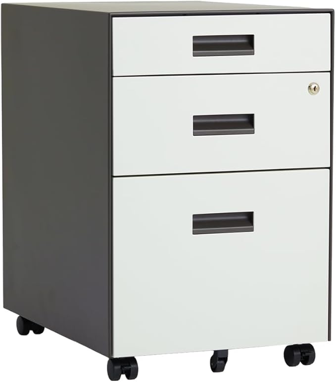 Teno 3 Drawer File Cabinet with Lock - Under Desk Metal Filing Cabinet, Legal/Letter File Folders, Wheels, Fully Assembled, White/Gray