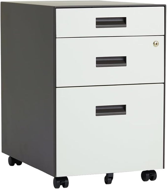 Teno 3 Drawer File Cabinet with Lock - Under Desk Metal Filing Cabinet, Legal/Letter File Folders, Wheels, Fully Assembled, White/Gray