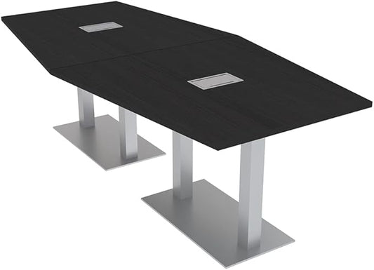 Harmony Series Hexagon Modular Shaped Conference Table with Power & Data | Brushed Silver Square Metal Base | 8 Person Meeting Tables for Offices, Training Rooms, & Homes | Black Cypress � 8 Ft