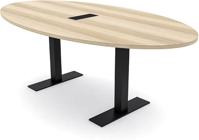 SKUTCHI DESIGNS INC. 6 Person Oval Conference Table with Data and Electric | Harmony Series | 4'X7' Table | Blonde Sufside Ash with Matte Black Base