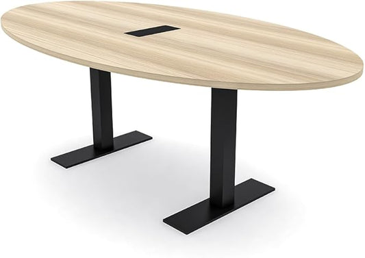 SKUTCHI DESIGNS INC. 6 Person Oval Conference Table with Data and Electric | Harmony Series | 4'X7' Table | Blonde Sufside Ash with Matte Black Base