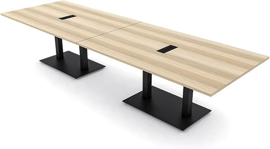 10 Person Rectangle Conference Table with Matte Black Square Metal Base | Harmony Series Modular Meeting Tables for Offices, Conference Rooms, and Homes | Blonde Surfside Ash - 10'