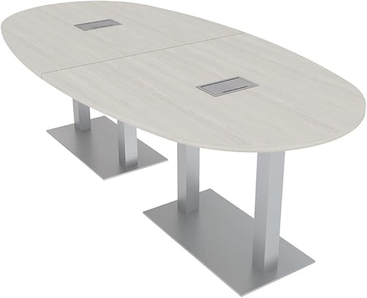 SKUTCHI DESIGNS INC. 8' Boval Conference Table with Square Metal Base | 2 Data and Power Modules| Harmony Series | 8 Person Meeting Room Table | Lakeland Salt