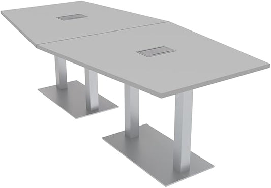 Harmony Series Hexagon Modular Shaped Conference Table with Power and Data | Brushed Silver Square Metal Base | 8 Person Meeting Tables for Offices, Training Rooms, and Homes | Light Gray � 8 Ft