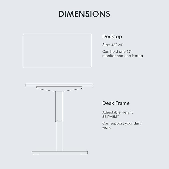 FLEXISPOT EN1 Whole-Piece Standing Desk 48 x 24 Inches Height Adjustable Electric Desk Sit Stand Desk Home Office Desks (Black Frame + White Table Top, 2 Packages)